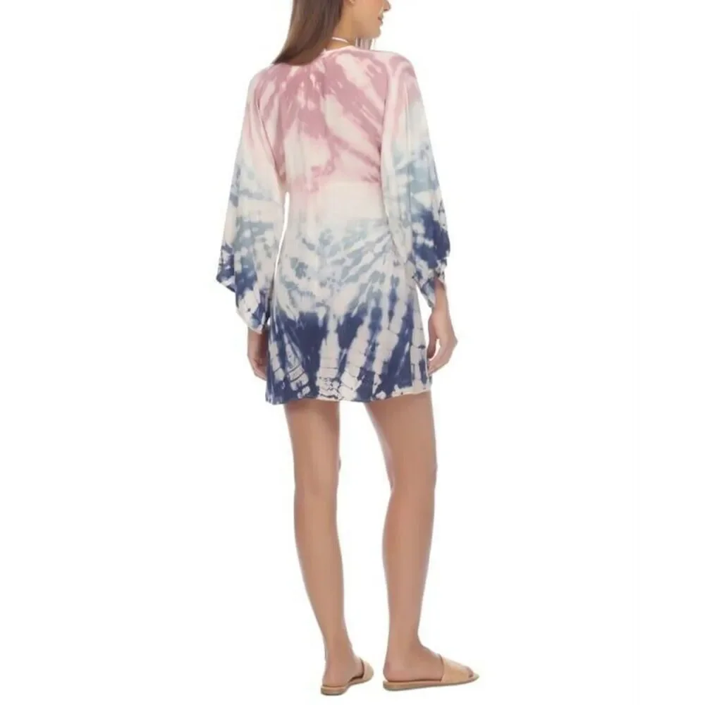 RAVIYA Swim Cover Up Tie Dye Empire Drawstring Waist Tunic Deep V-Neck  0X